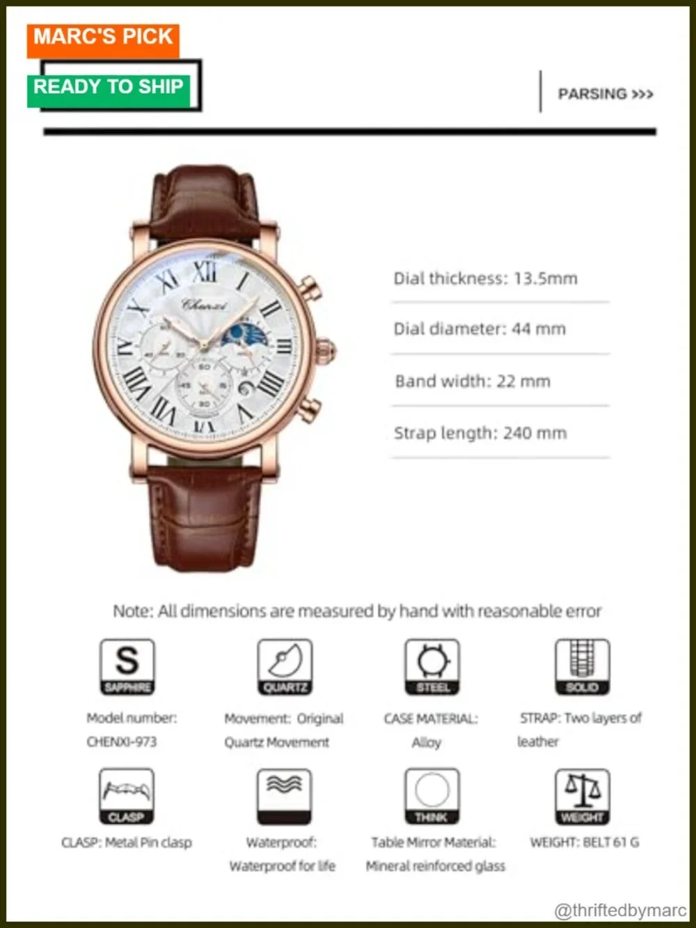 Men's Classic Multifunctional Analog Watch Chronograph Moon Phase Leather Strap